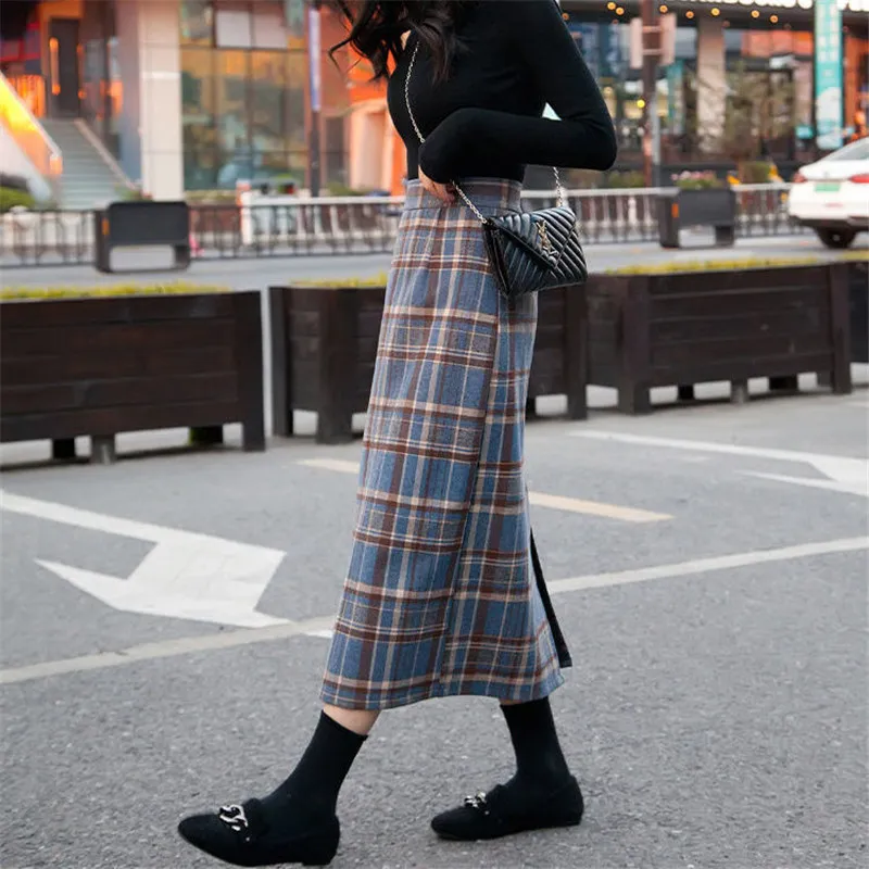 بالإضافة إلى حجم عالي الخصر Midi Long Wool Blaid Skirt للنساء Winter Wart Warm Office Lady Vintage Autumn Maxi S 220221