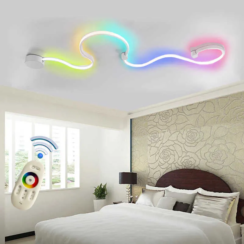 Modern Rgb Led Wall Lamp Remote Control Stairs Bedroom Lamps Colorful Ceiling Sconce S-Shaped Aluminium Aisle Lights Room Decor 210724