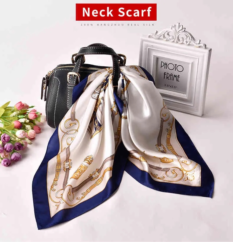 2021 Neckerchief 53x53cm Hangzhou Kerchief Wraps för damer tryckta Bandana 100% Real Silk Square Neck Scarf