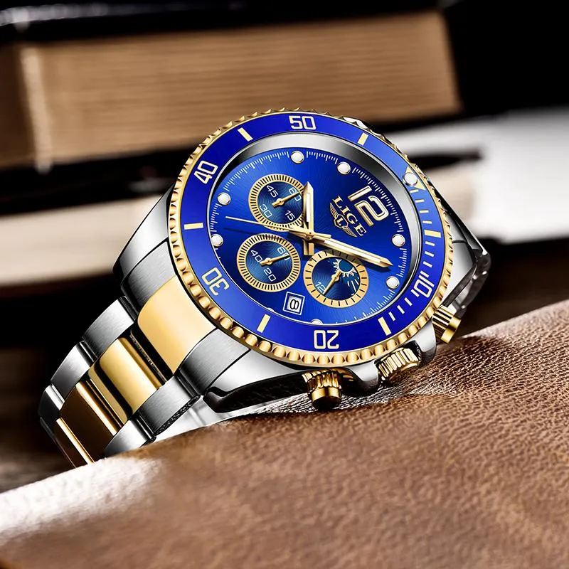 Män tittar på Lige Top rostfritt stål Waterproof Quartz Watch Men Fashion Sport Blue Chronograph Relogio Masculino2493