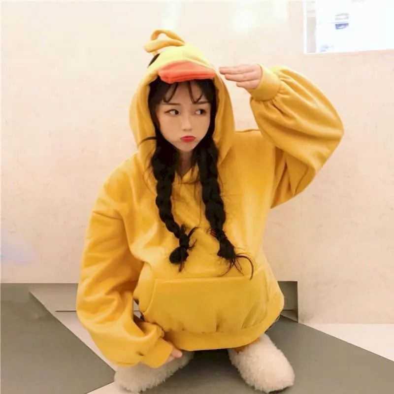 hoodies femmes tops sweat ins super feu style paresseux plus velours épaissie canard jaune dessin animé veste drôle fille mignonne veste 201208