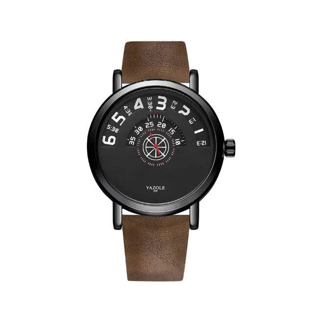 Yazolel Dial único Personalidad Diseño de placa giratoria Reloj para hombre Deportes inteligentes Relojes de hora mundial claros Correa de cuero Relojes de pulsera para jóvenes 3159