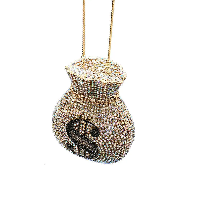 Est Luxury Women Evening Party Designer Rolig Rich Dollar Hollow Out Crystal Kopplingar Purses Pouch Money Bag 210823