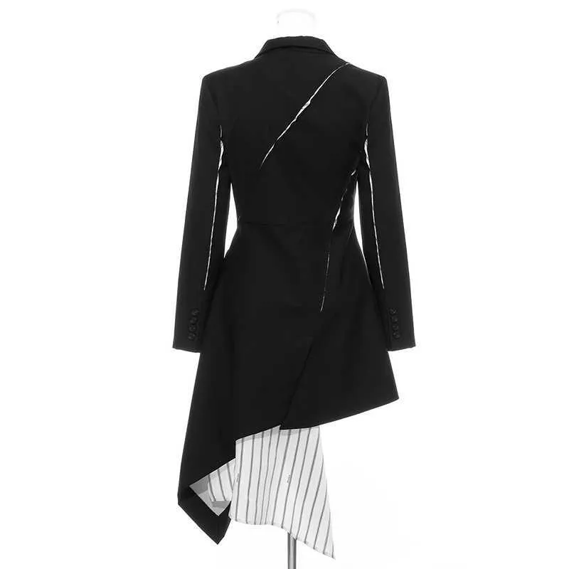 Splicing Gestreiftes Asymmetrisches Kleid Für Frauen V-ausschnitt Langarm Hohe Taille Schwarz Blazer Kleider Weibliche Mode Kleidung 210531