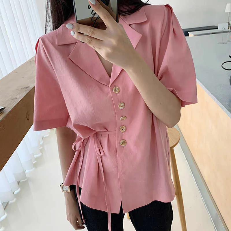 Korejpaa Women Shirt Korean Chic Summer Temperament Suit Collar Single-breasted Side Tie Waist Short-sleeved Blouse Top 210526