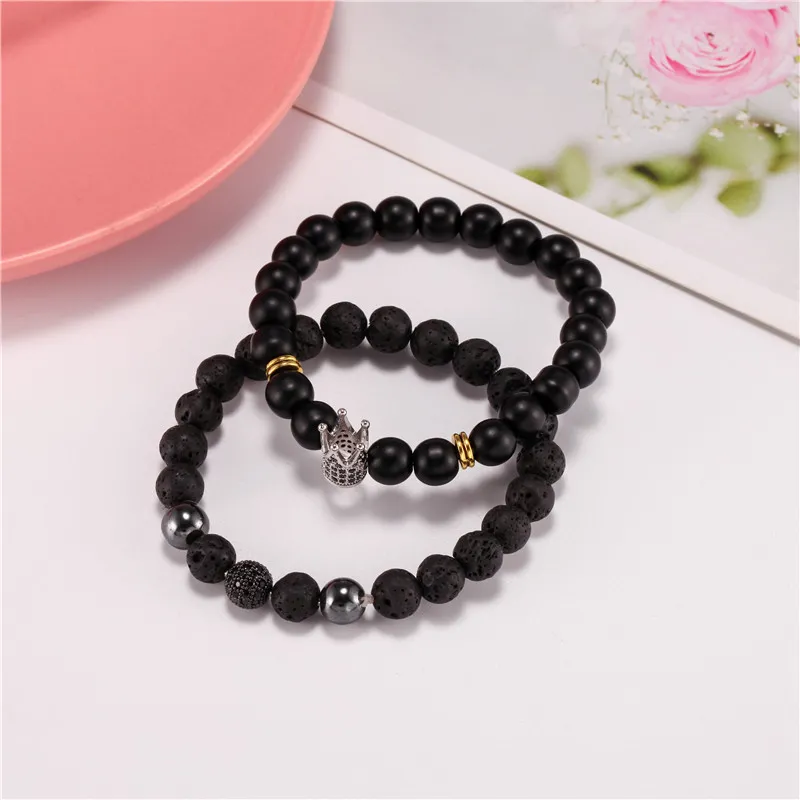 2 pièces/ensemble mode couronne Bracelet à breloques hommes pierre naturelle perlée Bracelets Pulseras Masculina bijoux