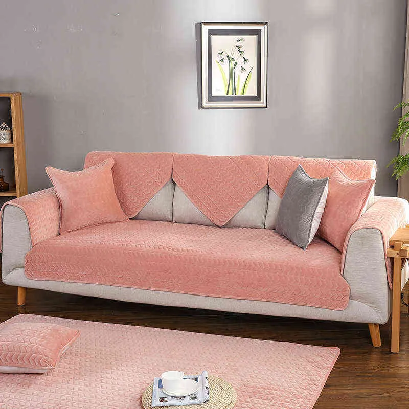Sofa Covers voor Woonkamer Grijze Kleur Pluche Kussen Couch Cover Moderne Minimalistische Corner Handdoek Seat Pad 211116
