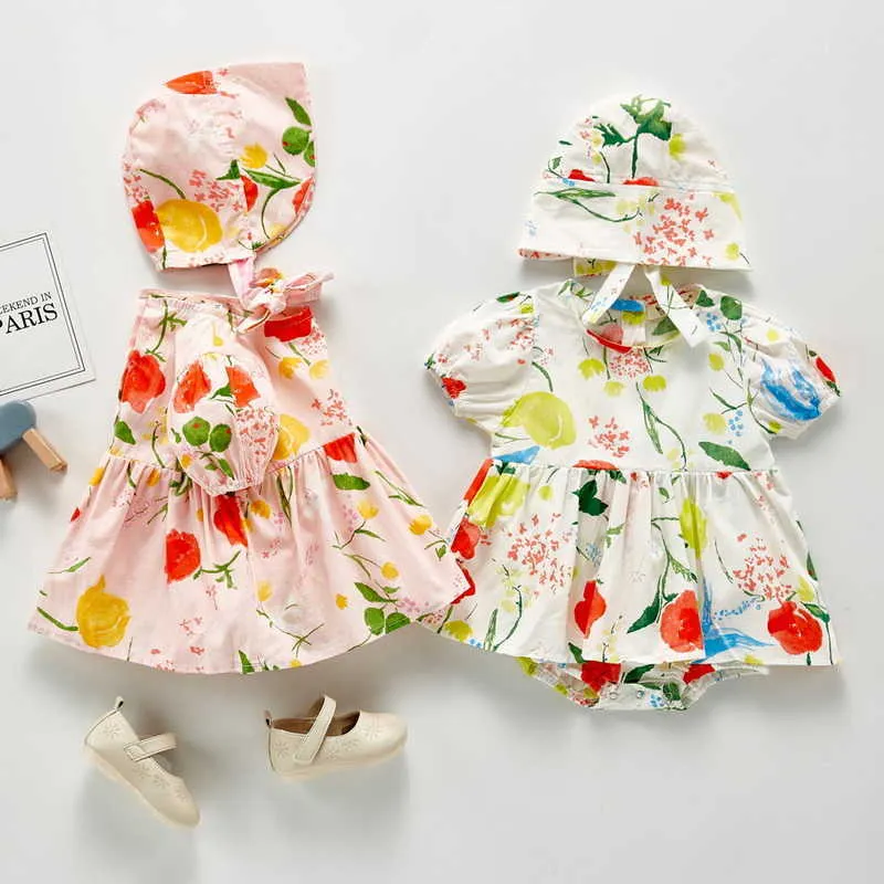 Printemps bébé fille body Floral manches courtes combinaison avec casquette né Style mignon enfants vêtements E27 210610