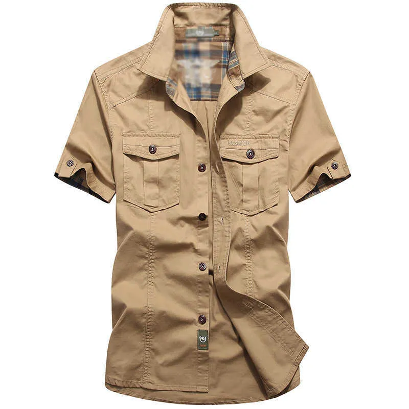 M-6XL Big Plus Size Men's Summer Short Sleeve Cargo Shirts military Breathable Cool 100% Cotton camisa social masculina 210721