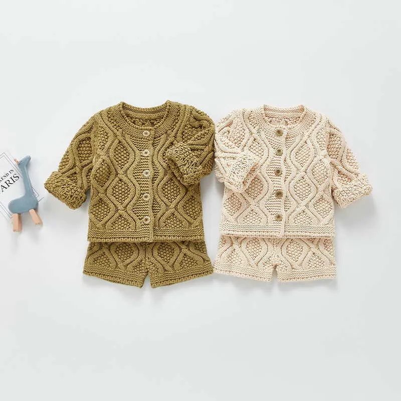 韓国風の春の子供男の子の女の子2  -  PCSを設定しらぬ色の長袖セーター+ショートパンツ子供服E10 210610