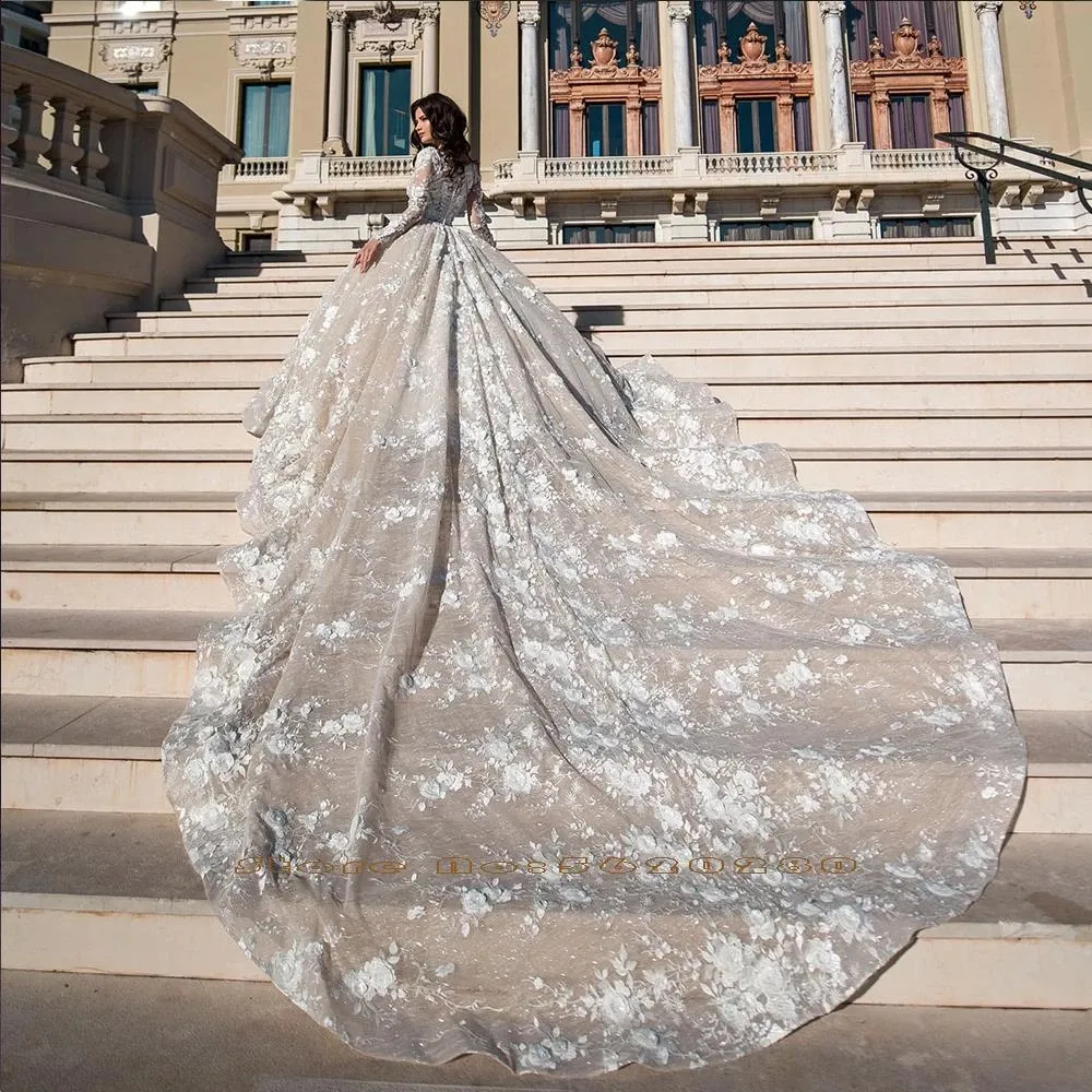 Wspaniałe 3D kwiatowe koronkowe aplikacje księżniczki ślubne suknie ślubne długie rękawy Nagie podszewka Vestidos de novia kaplica pociąga piłka Ball Suknia S2711