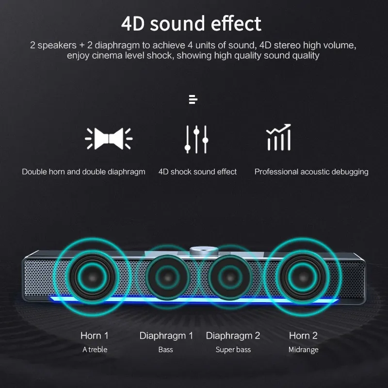 4D SoundBar Soundbar Bluetooth 5 0 głośnik Aux 3 5 mm przewodowe głośniki komputerowe stereo subwoofer dźwiękowy do laptopa teatr TV206T