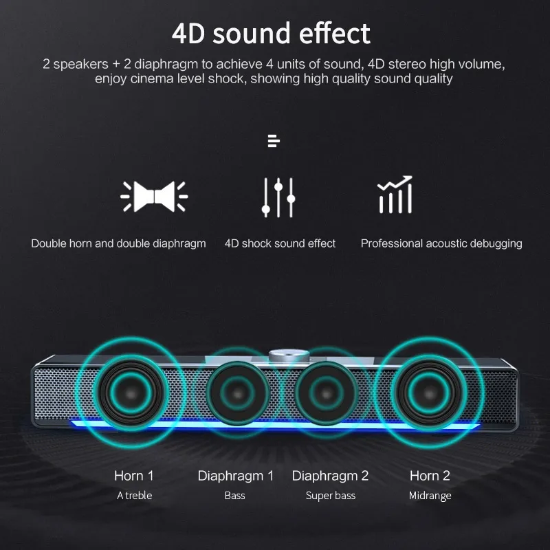 Barre de son Surround 4D Bluetooth 50 haut-parleur AUX 35mm haut-parleurs d'ordinateur filaires caisson de basses stéréo barre de son pour ordinateur portable PC théâtre TV5810135