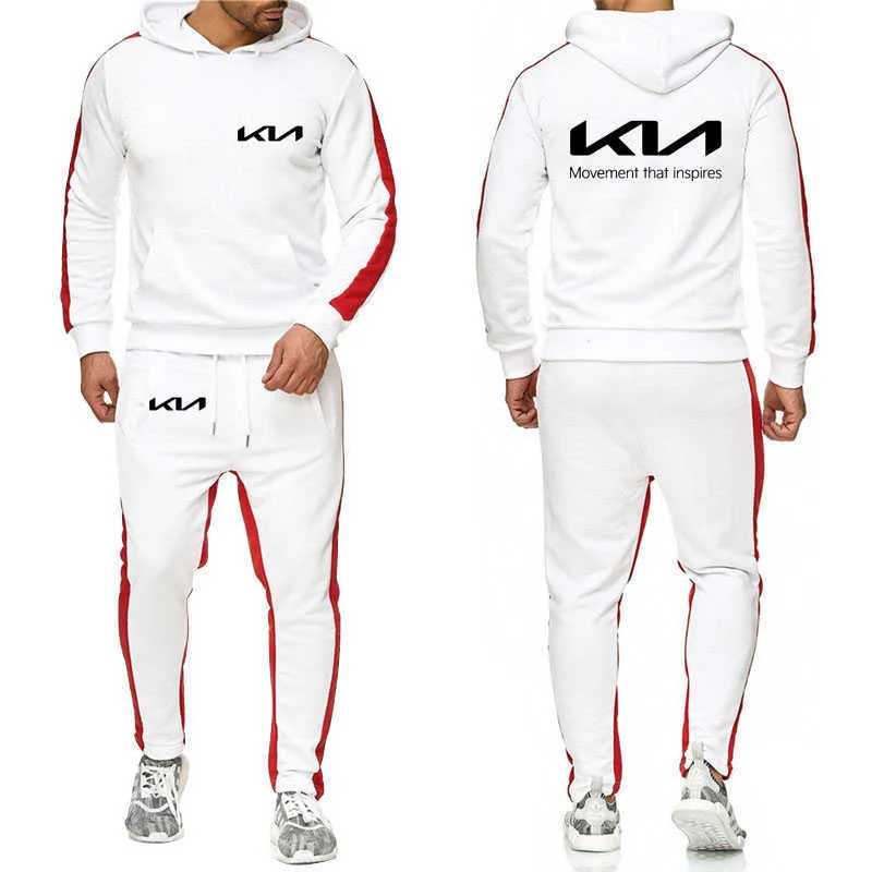 Printemps automne survêtement pour hommes Nouvelle voiture Kia Imprimer Tendance costumes pour hommes Haute Qualité Pur coton Sport pour hommes ensemble 2 pièces X0909