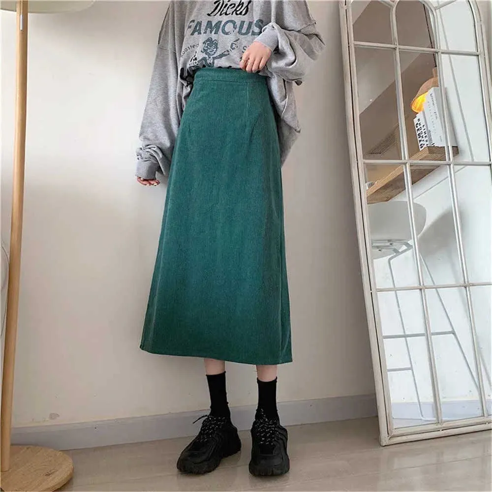 Vintage Green Corduroy A-Line Line Spódnica Kobieta w wysokiej talii prosta spódnica z szczeliną jesienią Koreańskie damskie dziewczyny długie spódnica 210619