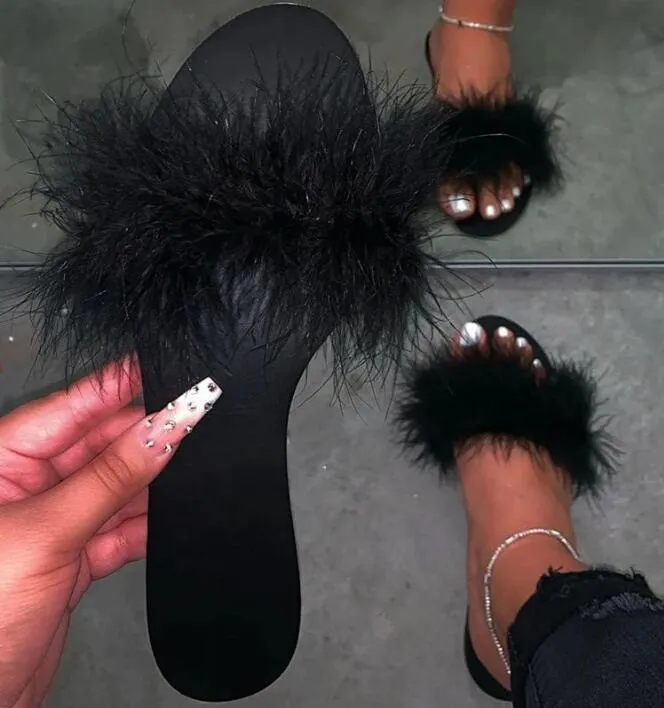 women home fox fur ms sandals Summer new furry flip flop 2021 flat-bottomed large size outer wear beach slippers 0227