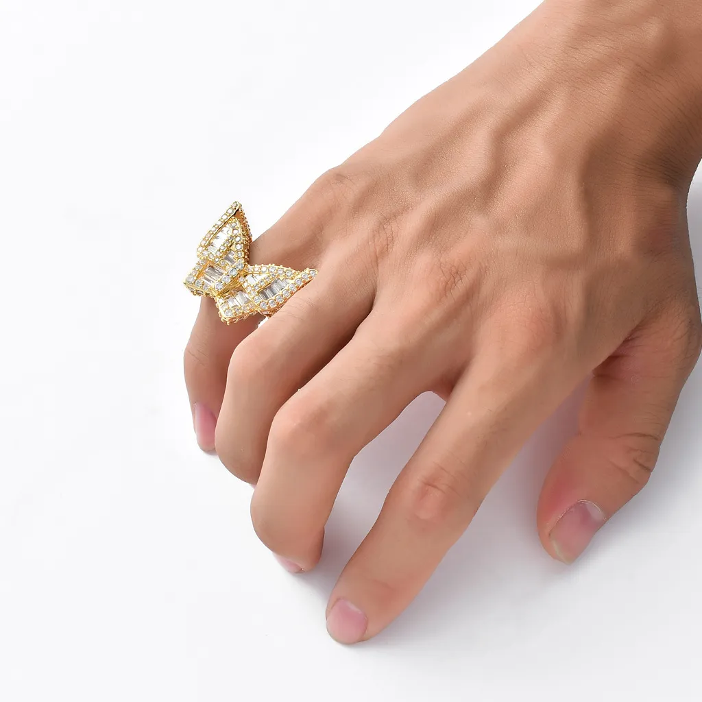 ヒップホップCZキュービックジルコンの幾何学的な指輪バンドアイスアウトホワイトゴールドの吹き付けバゲットダイヤモンドリング女性男性ボーイフレンド贅沢バレンタイン誕生日ジュエリーギフト