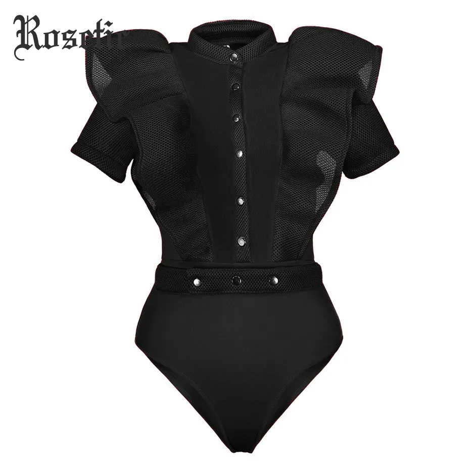 Rosetic Black Jumpsuits For Women Gothic Combinaison Femme Sexy Body Women One Piece Mesh Bodysuit Womens Clothing Romper 210306