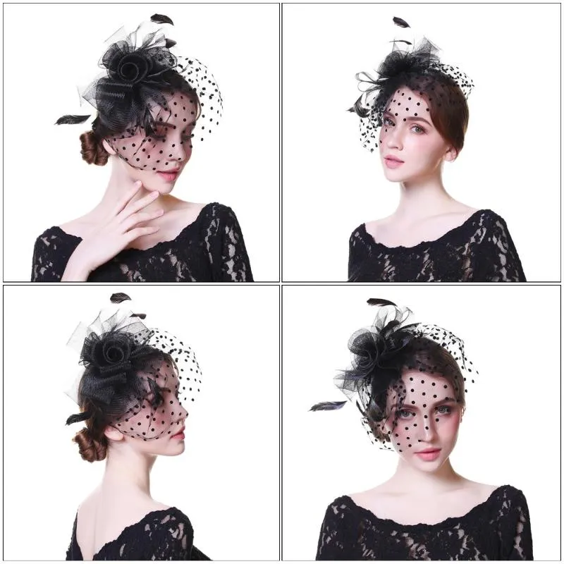 Chapeaux à bord avare WELROG femmes fantaisie plume fête coiffure de mariage fascinateurs voile point imprimé fil bandeau avec Clips245b