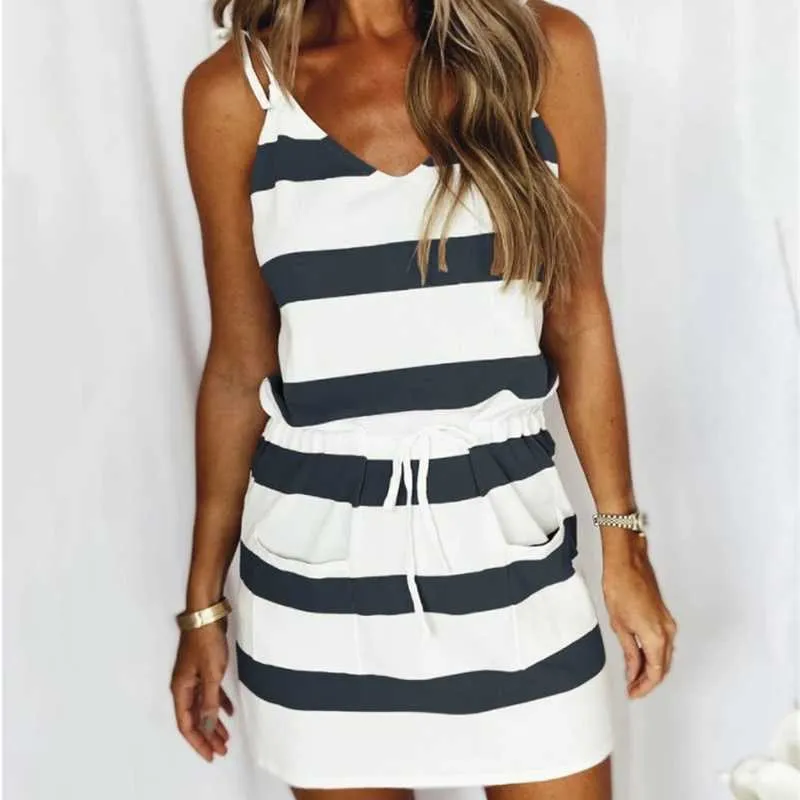 Women Fashion Sling Dresses Sleeveless V Neck Loose Casual Drawstring Striped Print Beach Mini Dress 210630