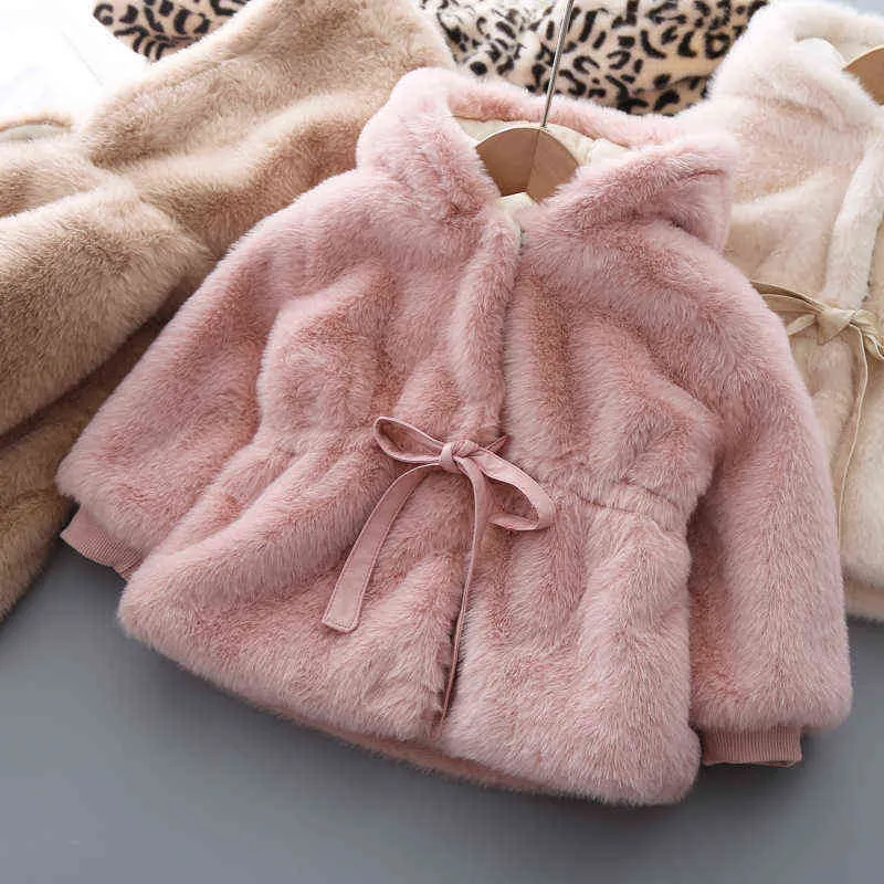 Veste en peluche à capuche pour filles Enfants chauds pour enfants Garçons Vêtements d'hiver pour bébés Manteau moelleux en plein air Cravate Bow 211204