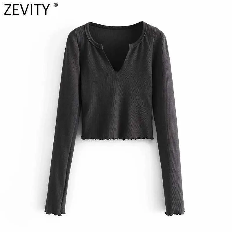 Zevity Donna Semplicemente Scollo a V Diviso Tinta unita Short Chic T Shirt Donna Manica lunga Orlo con volant Casual Slim Crop Top LS7620 210603