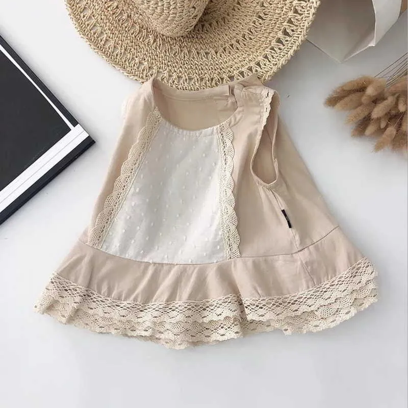 Atacado menina verão conjunto de 2 peças bege lace sem mangas top + shorts toddler meninas roupas e2132 210610