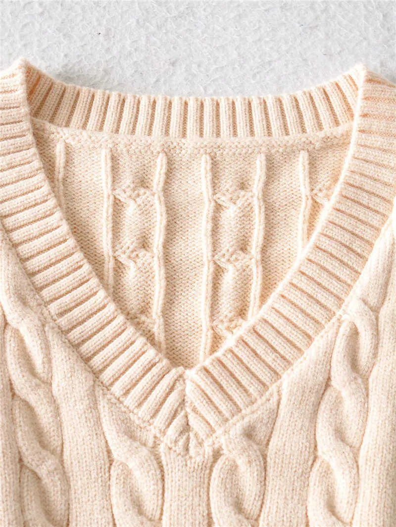 Vintage femmes col en v chandails gilet mode dames solide tricoté réservoirs Streetwear femme Chic Beige pulls 210527