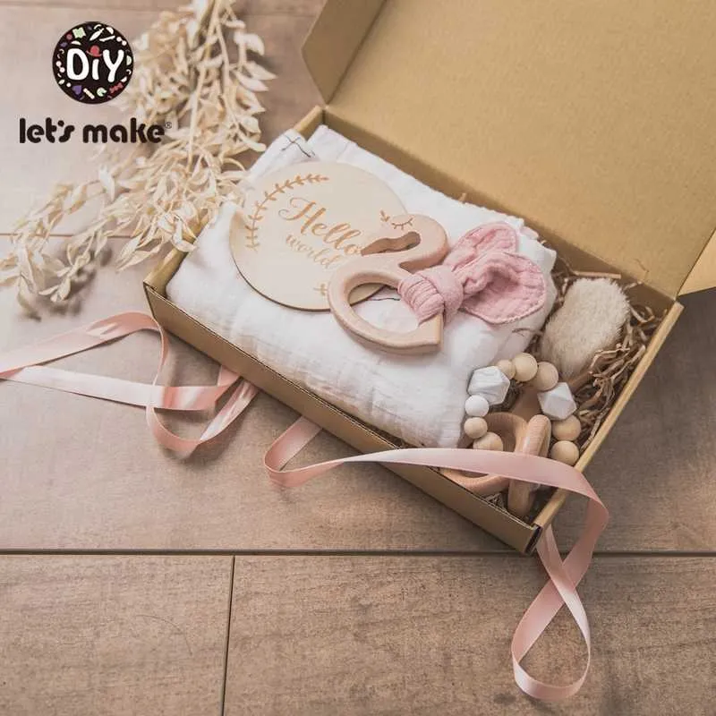 Handduk Låt oss göra Baby Bath Toy Set Wooden Rattle Armband Crochet Memorating Milestone Leksaker Presentprodukter för barn 210728