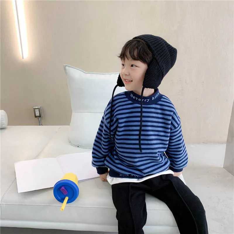 Winter Kids Boys Striped Fake two Thick Sweatshirts Baby Boy Lining Fleece Warm Pullover Soft Casual Tops 210615