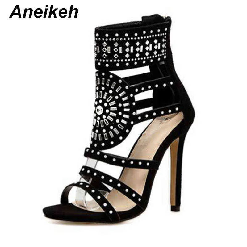 Сандалии Aneikeh женщин мода открытый носок горный хрусталь дизайн высокие каблуки сандалии кристалл лодыжки обертки блеск алмаз гладиатор черный размер 35-42 220121