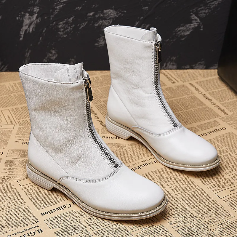 Zapatos casuales clásicos para mujer, botas de invierno de cuero genuino para mujer, botas de tubo cortas cálidas suaves y cómodas de tendencia a la moda