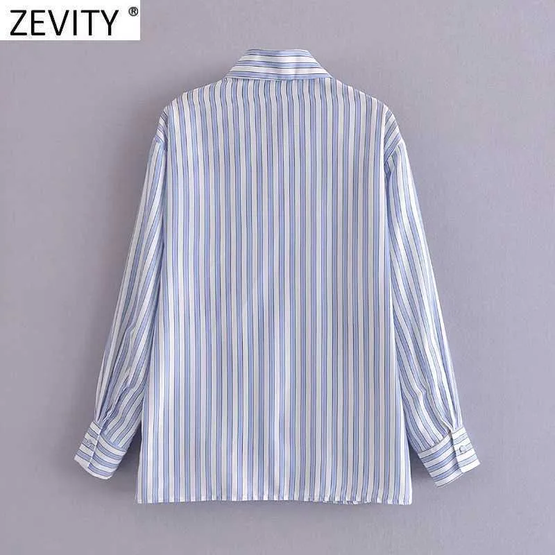 Zevity Women Fashion Striped Print Loose Smock Blouse Office Ladies Casual Breaded Business Shirts Chic Blusas Tops LS9322 210603