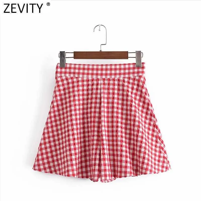 Zevity Women Fashion Red Plaid Print Pleated Bermuda Skirts Shorts Female Chic Side Zipper Casual Pantalone Cortos P1090 210719
