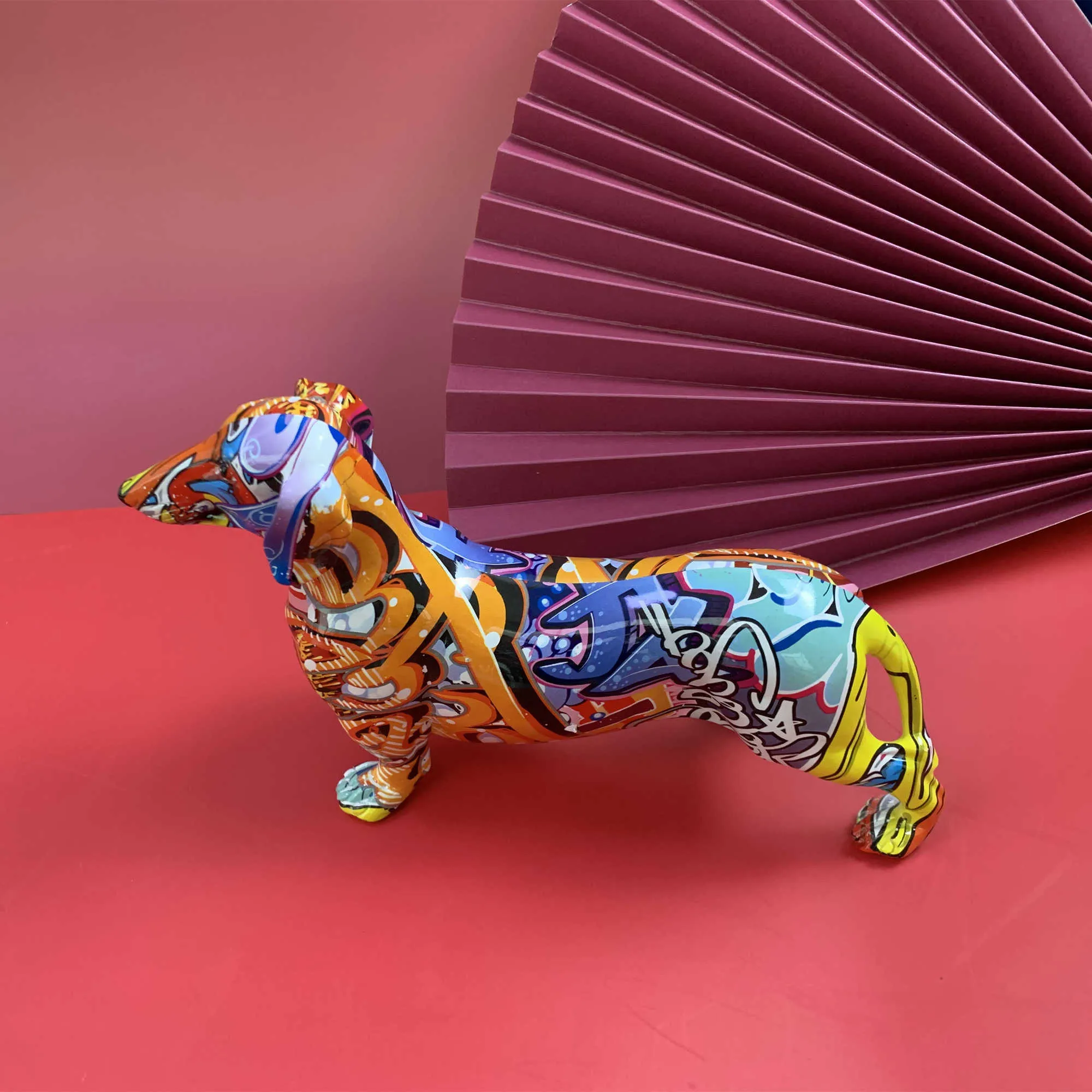Moderne Creatieve Geschilderd Kleurrijke Tekkel Hond Decoratie Thuis Wijnkast Office Desktop Crafts 210804