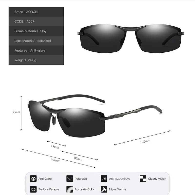 Aoron hommes lunettes de soleil polarisées conduite lunettes de soleil rectangulaires cadre en aluminium lunettes hommes UV400 anti-reflet 2630