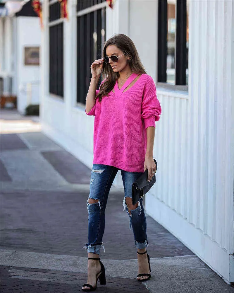 Fitshinling V Neck Casual Femmes Pulls Chandails Boho Holiday Tricots Pull Oversize À Manches Longues Solid Jumper Top Hiver 211103