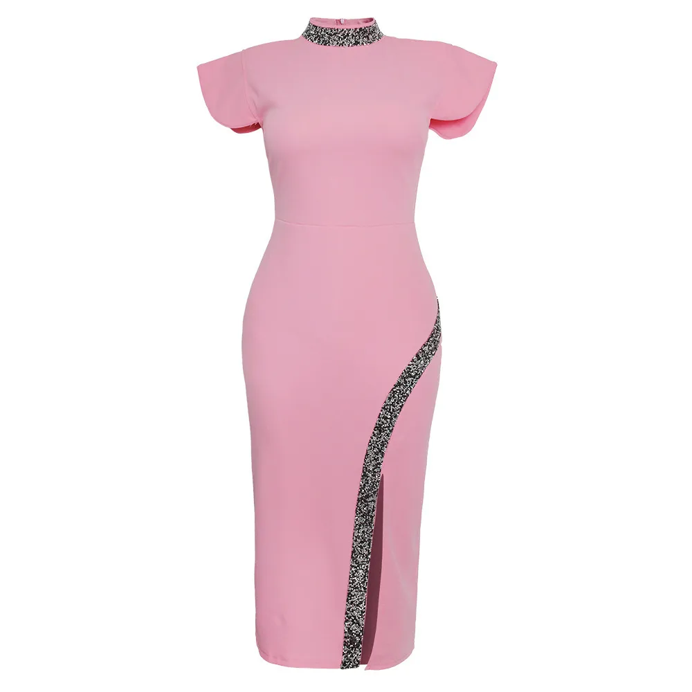 Partihandel Produkt Klassisk Mode Alla Svart Sida Slit Club Party Retro Klänningar För Kvinnor Elegance Bodycon Midi Vestidos 210525