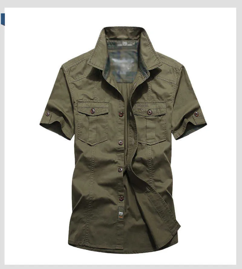 M-6XL Big Plus Size Men's Summer Short Sleeve Cargo Shirts military Breathable Cool 100% Cotton camisa social masculina 210721