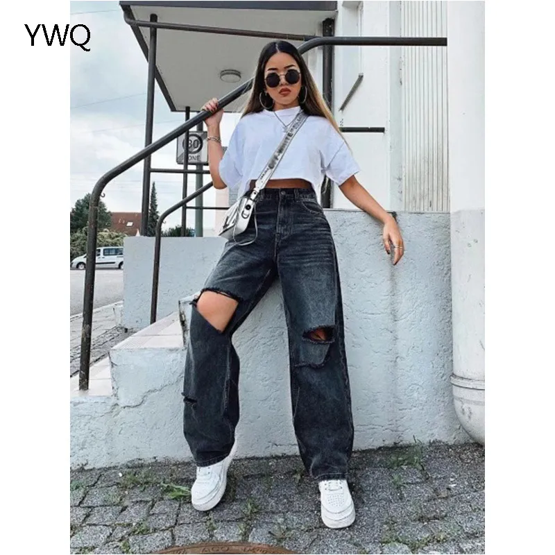 Ripped Women Jeans Wide Leg Long Cargo Pants Ladies Black Boyfriend Jeans Fashion Loose High Waist Vintage Korean Women Trousers 210302