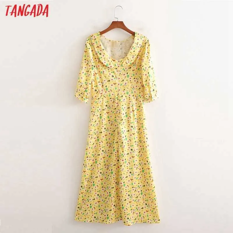 Tangada moda mujer flores amarillas estampado verano vestido manga larga Oficina señoras Midi vestido 1D236 210609