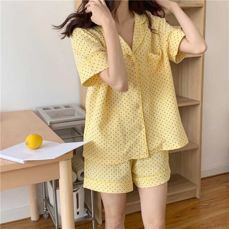 Meisjes losse dunne korte mouwen sets polka dots katoenen nachtkleding femme thuis chique zomer pyjama twee stukjes 210525