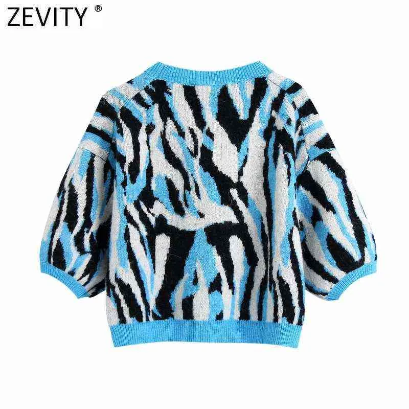 Zevity Women Fashion Färg Match Djurmönster Kort Jacquard Stickning Tröja Kvinna Chic Lantern Sleeve Pullovers Tops SW891 211103