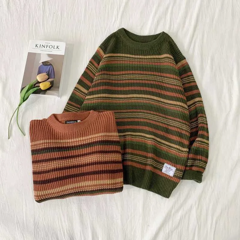 Streifen Pullover Männer Vintage Dicke Grobe Wolle Koreanische Lose Oansatz Pullover Pullover Männer Kontrast Farbe Casual Wild Persönlichkeit Top 211008