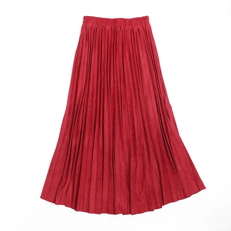 Autumn Winter Women suede skirt High Waist casual Vintage Pleated skirt female Korean Skirt female elegant long Skirts 210306