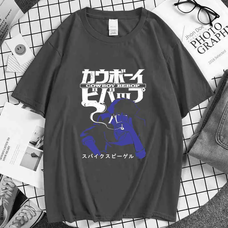 Anime Cowboy Bebop Bebop Spiegel Spike Moda Simples Impressão Verão Verão De Mangas De Mangas Fina Casual Casual Casal T-shirt 2022 G220216