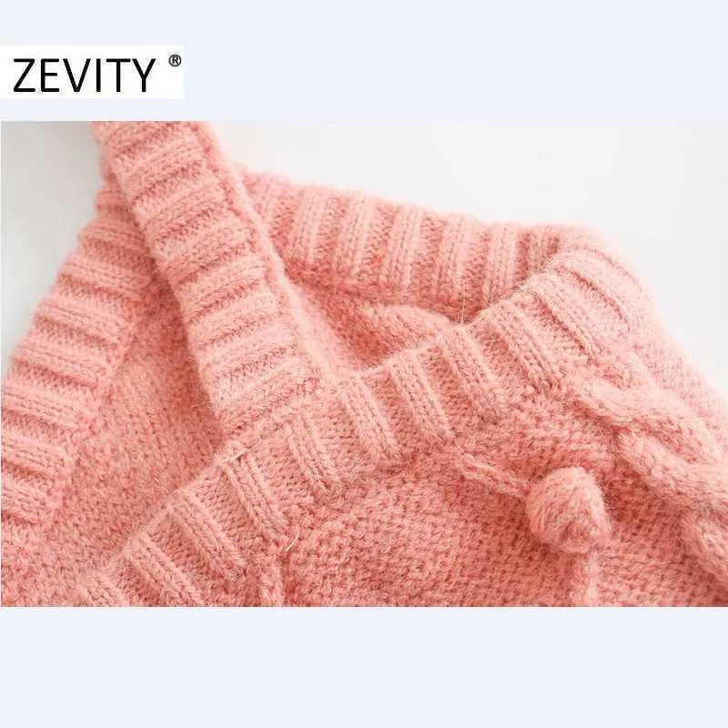 Zevity Women Sweet Ball Appliques Kort stickning Sling Sweater Kvinna Basic Spaghetti Strap V Neck Vest Chic Crop Tops S474 210603