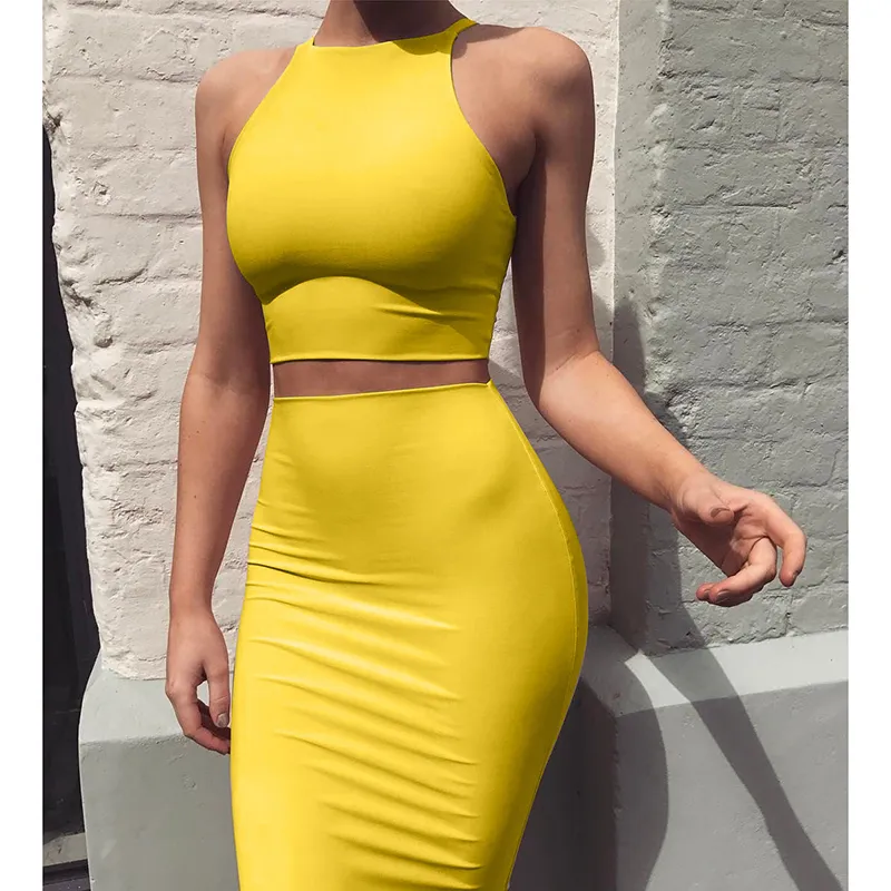 Crop Top And Skirt Two Pieces Dress Set Yellow Club Summer Outfit Sexy Clothes For Women Matching Sets 201102
