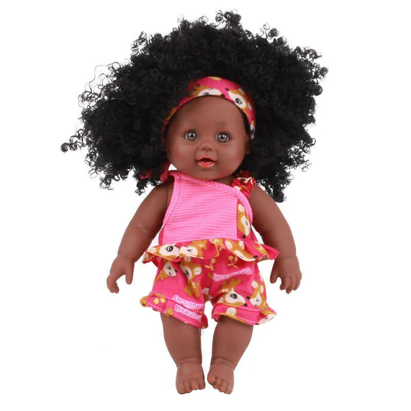 American Reborn Black Doll Handgjord Silicone Vinyl Baby Mjuk LifeLike Nyfödd Baby Doll Toy Girl Christmas Gift Q0910