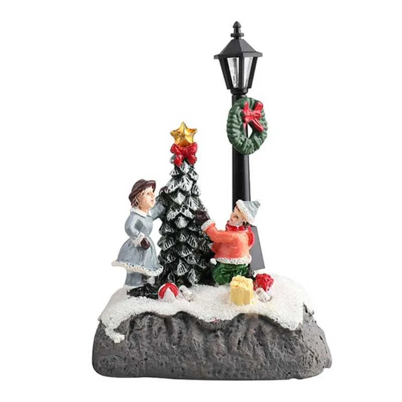 Christmas Village Scene Xmas Tree Snowman Resin Ornament with LED Light Animated Street Lamp Miniature Statue Decoration 211015